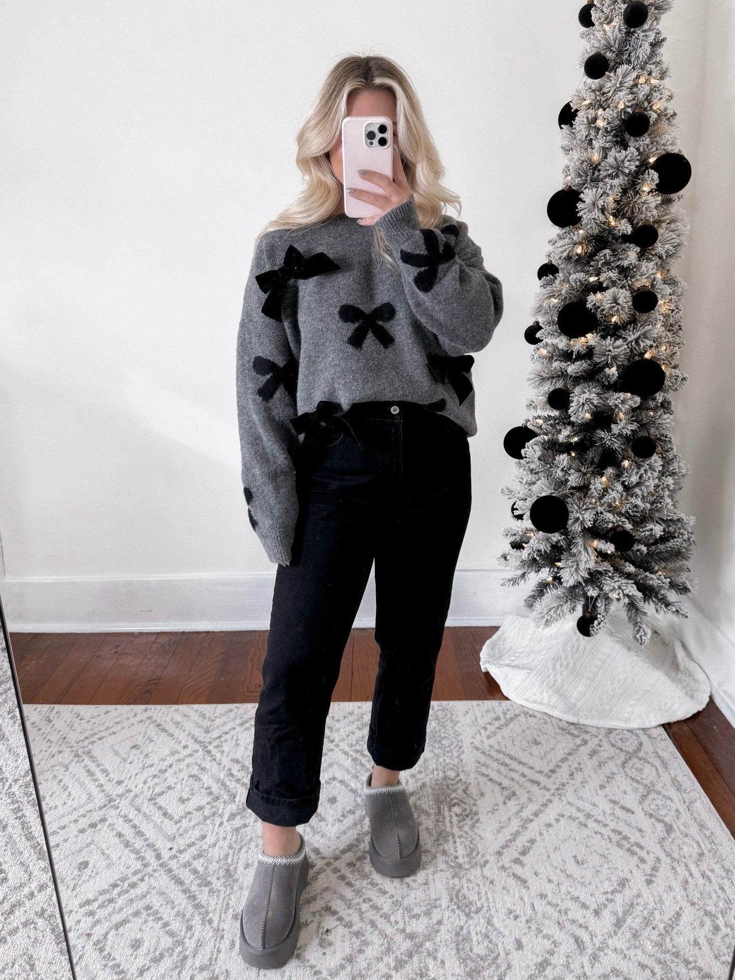 Velvet Bow Knit Sweater / Charcoal