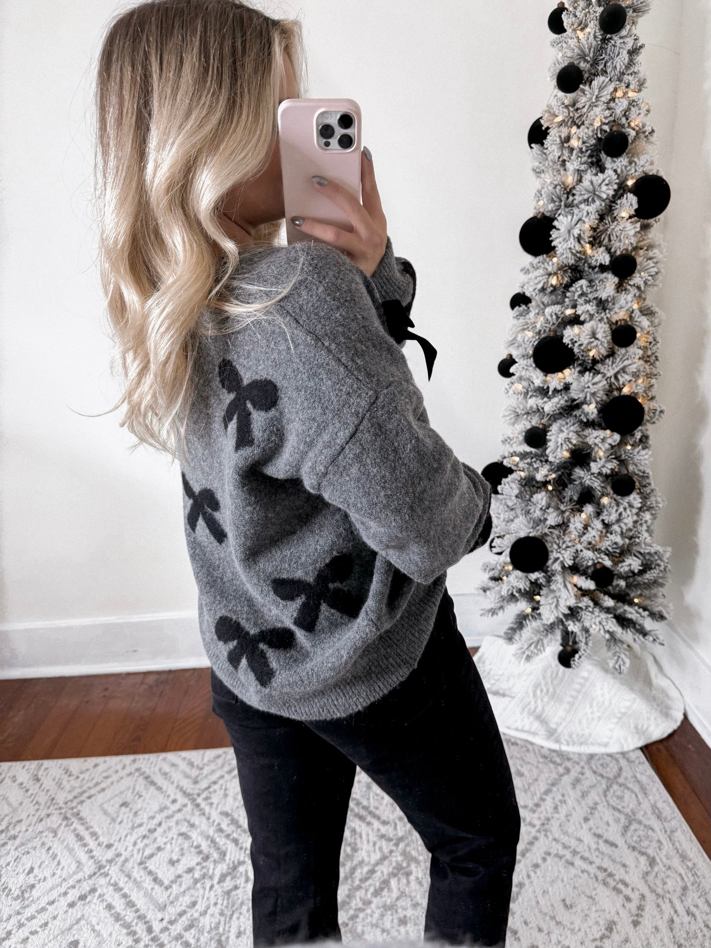 Velvet Bow Knit Sweater / Charcoal