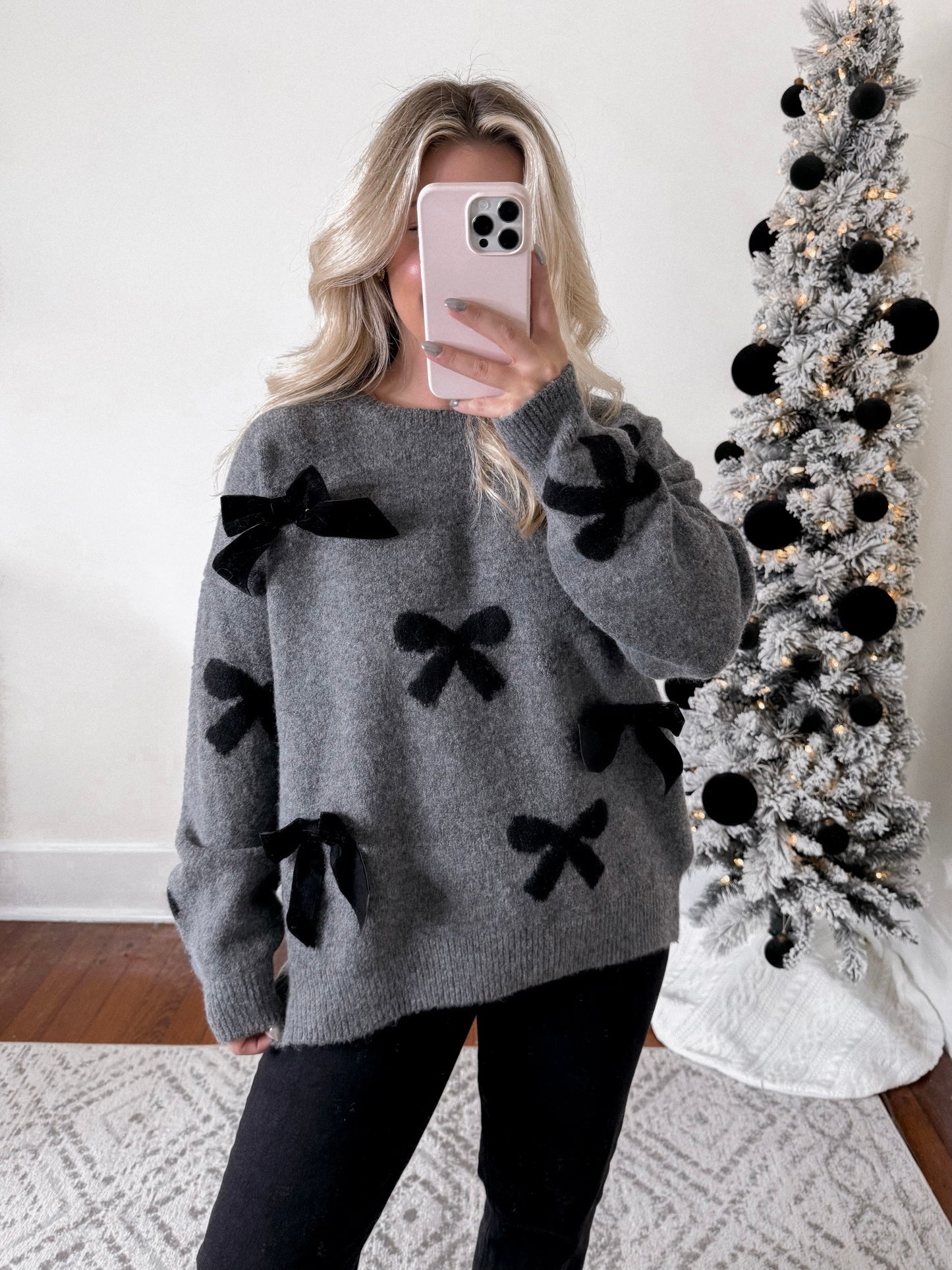 Velvet Bow Knit Sweater / Charcoal