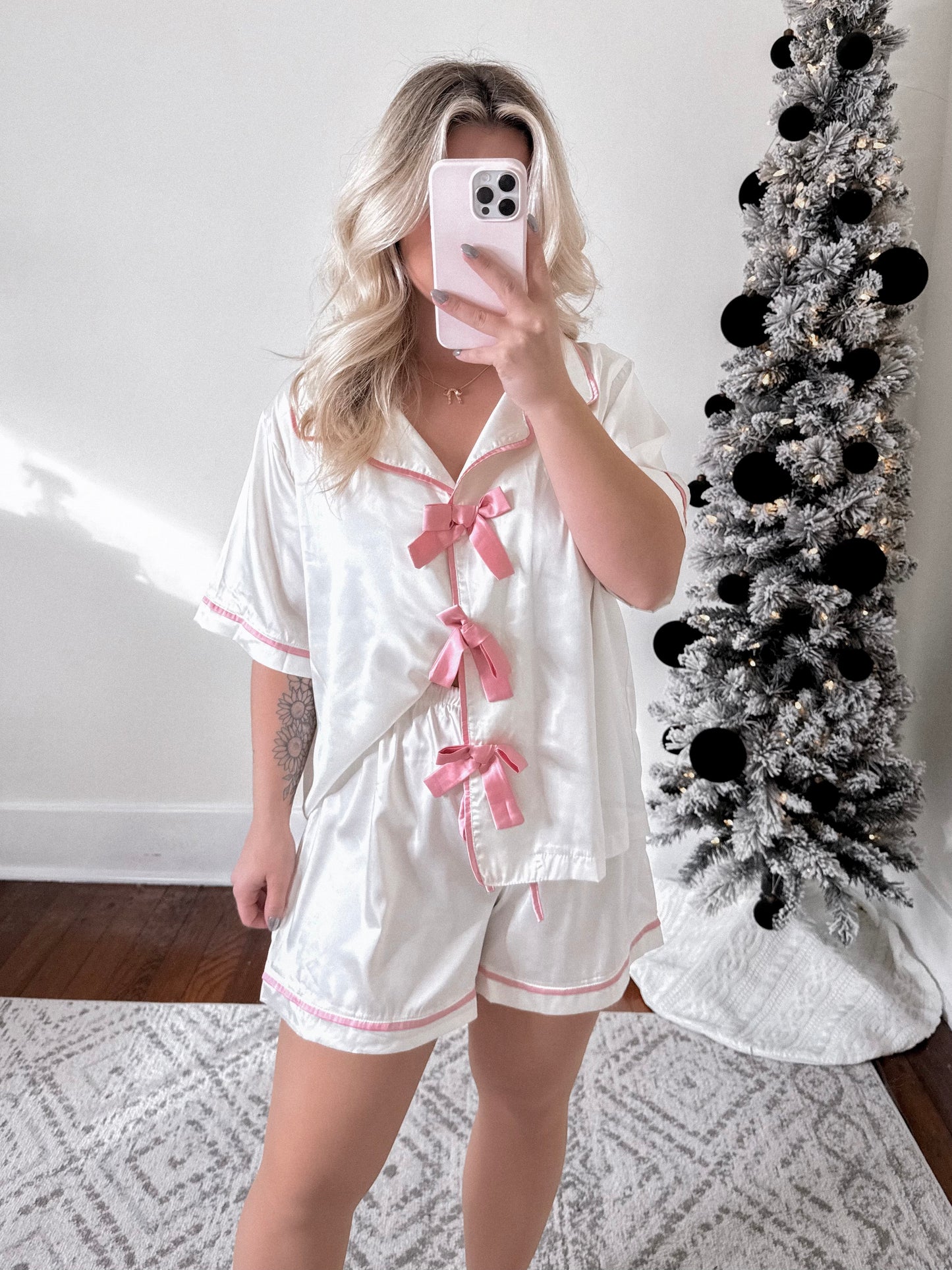 Pink & Cream Satin Bow Pajama Set