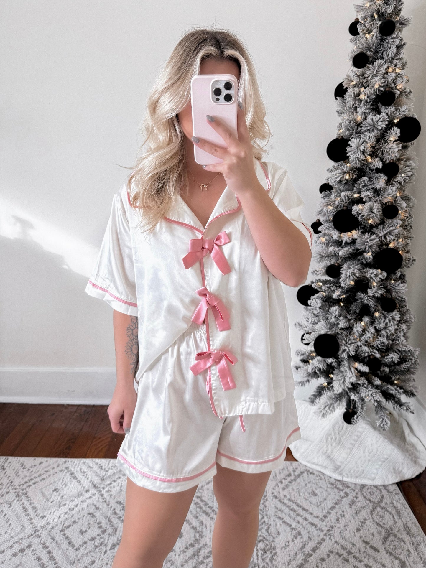 Pink & Cream Satin Bow Pajama Set