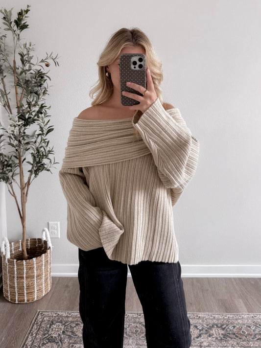 Bellamè Off Shoulder Sweater / Beige (Restocking End Of October)