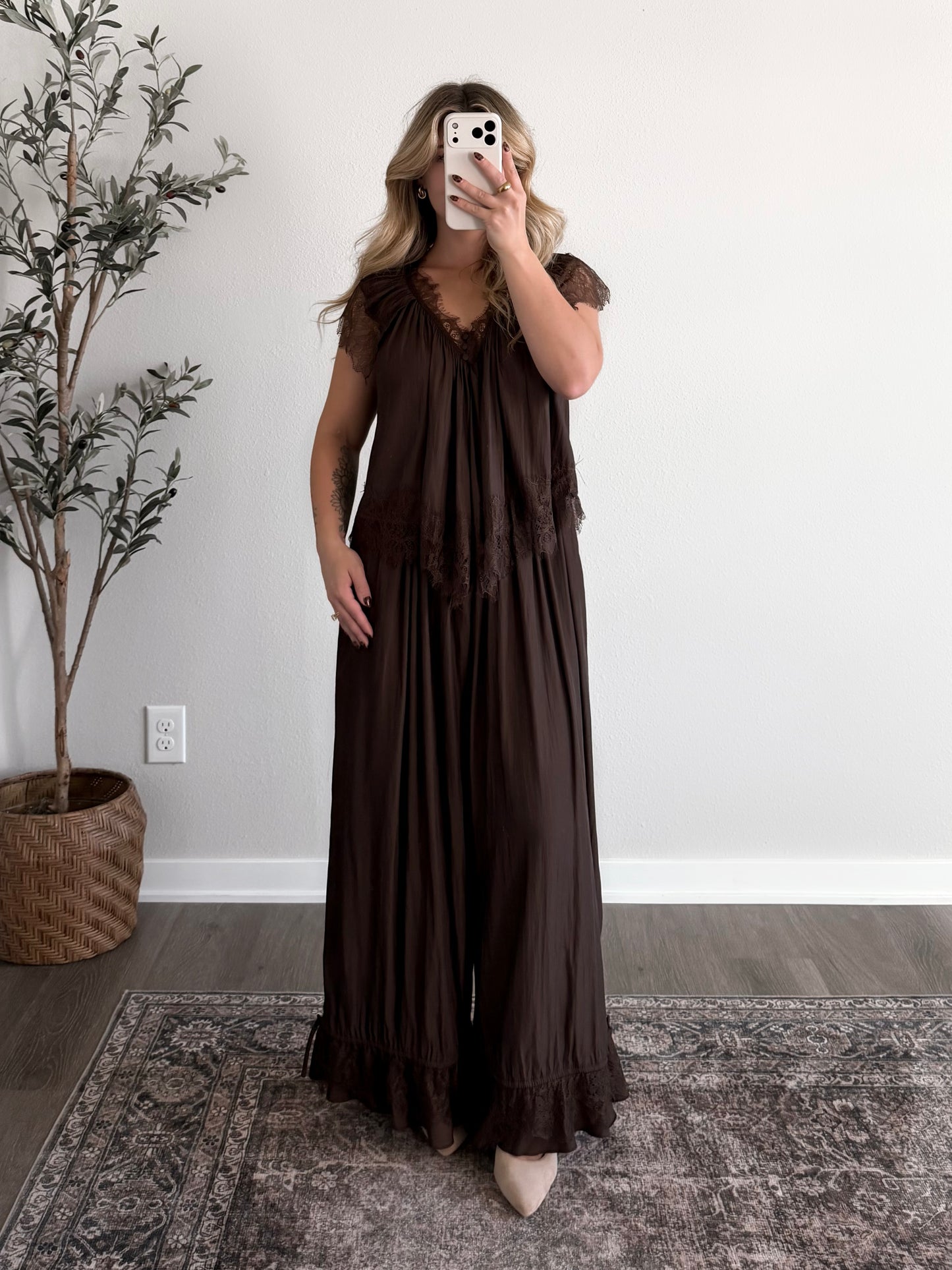 Espresso Chic Lace Pant Set