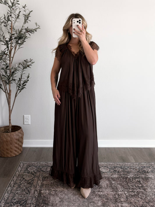 Espresso Chic Lace Pant Set