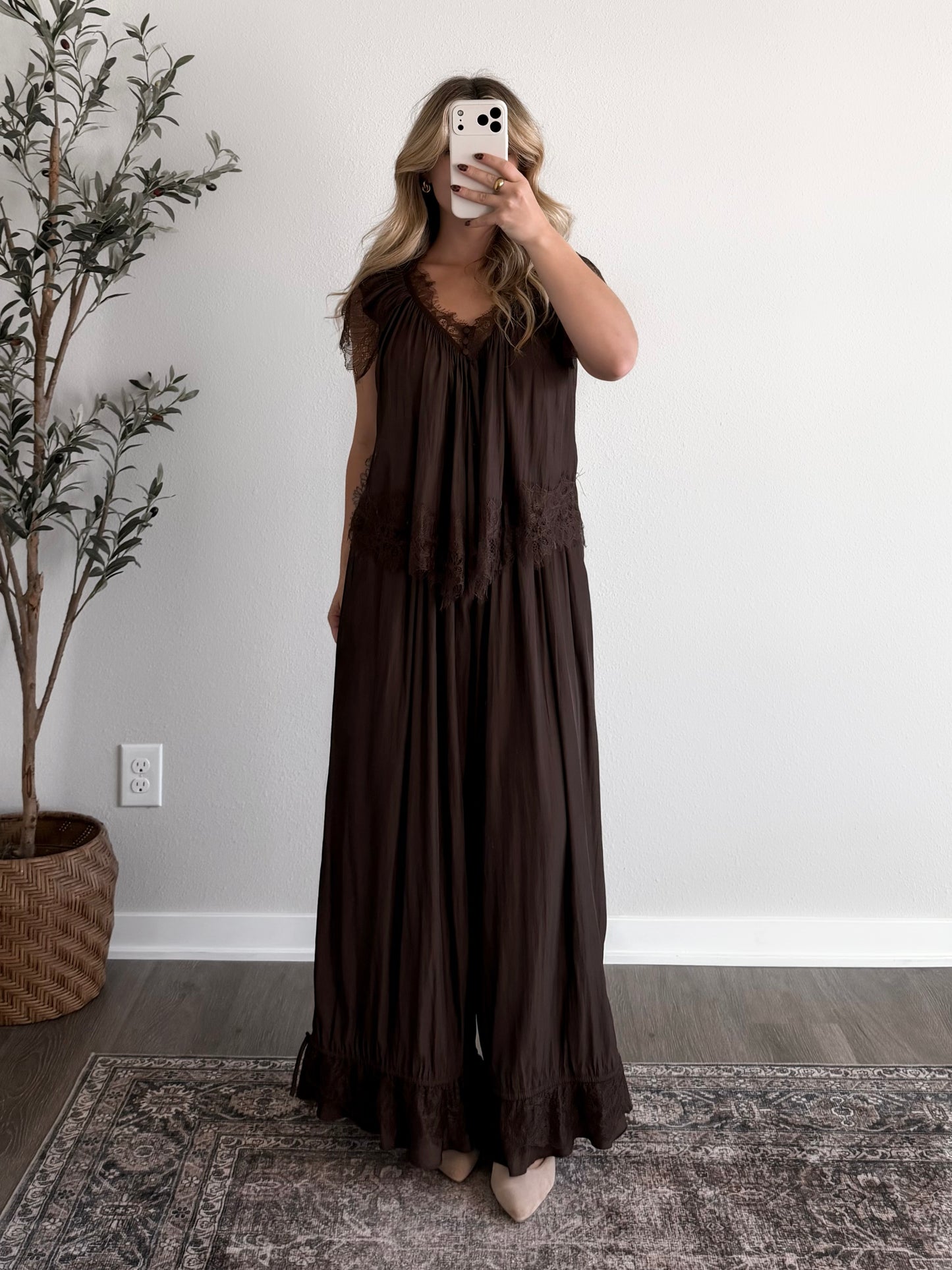 Espresso Chic Lace Pant Set