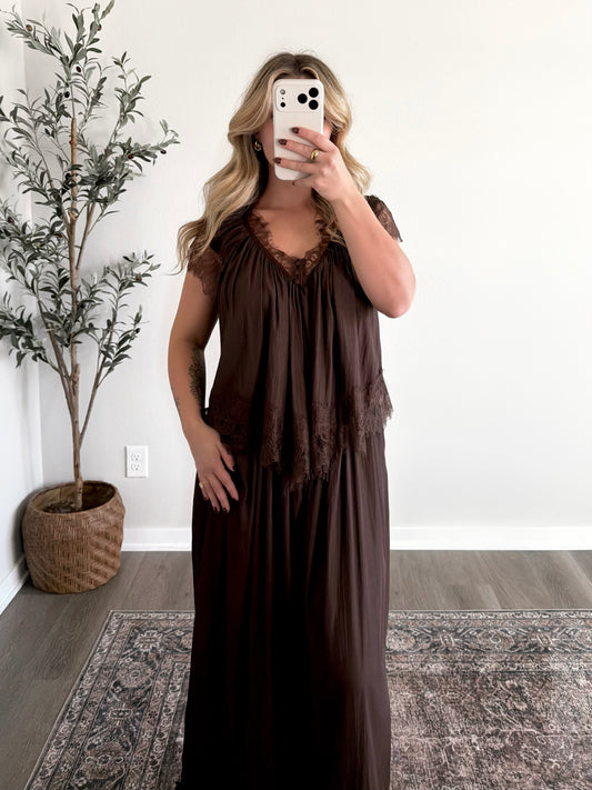 Espresso Chic Lace Pant Set
