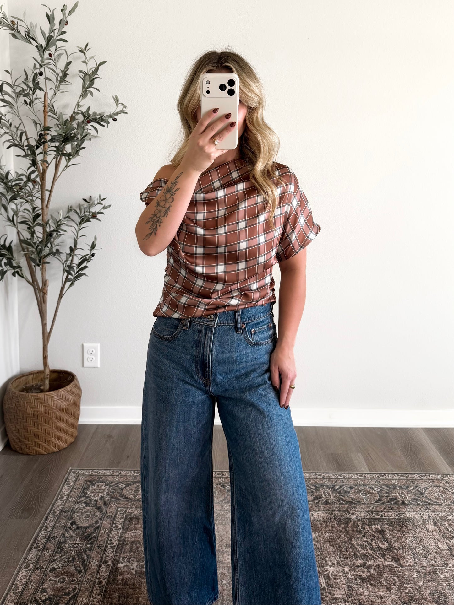 Auburn Spice Plaid Satin Top