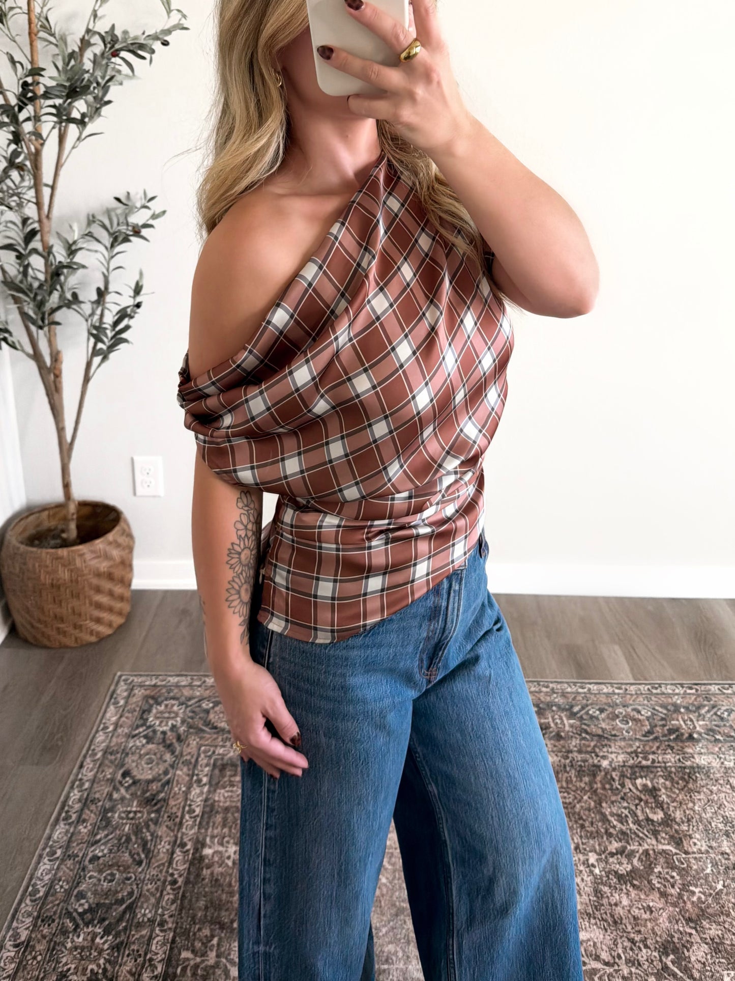 Auburn Spice Plaid Satin Top