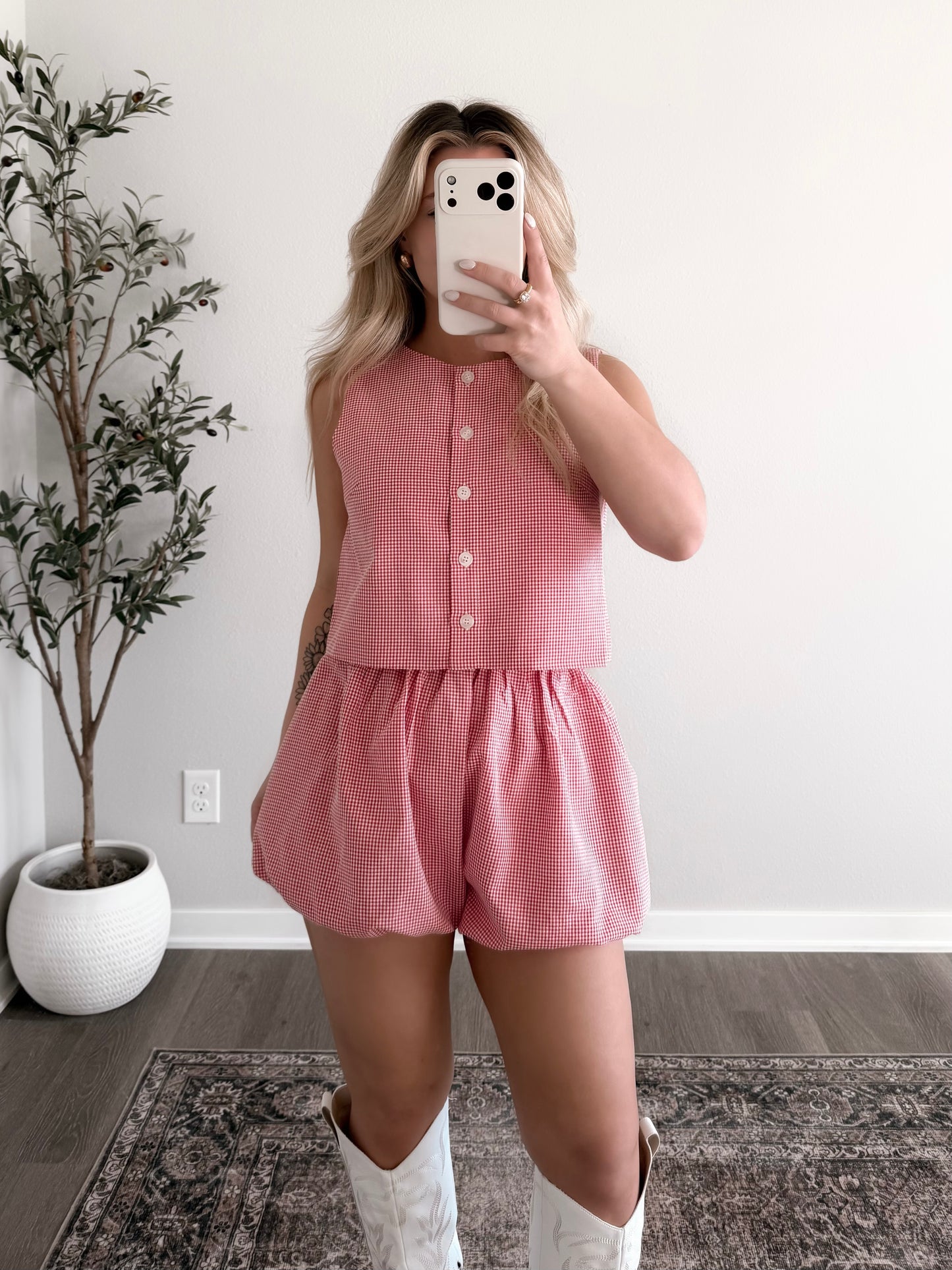 Cherry Basket Gingham Short Set / Red