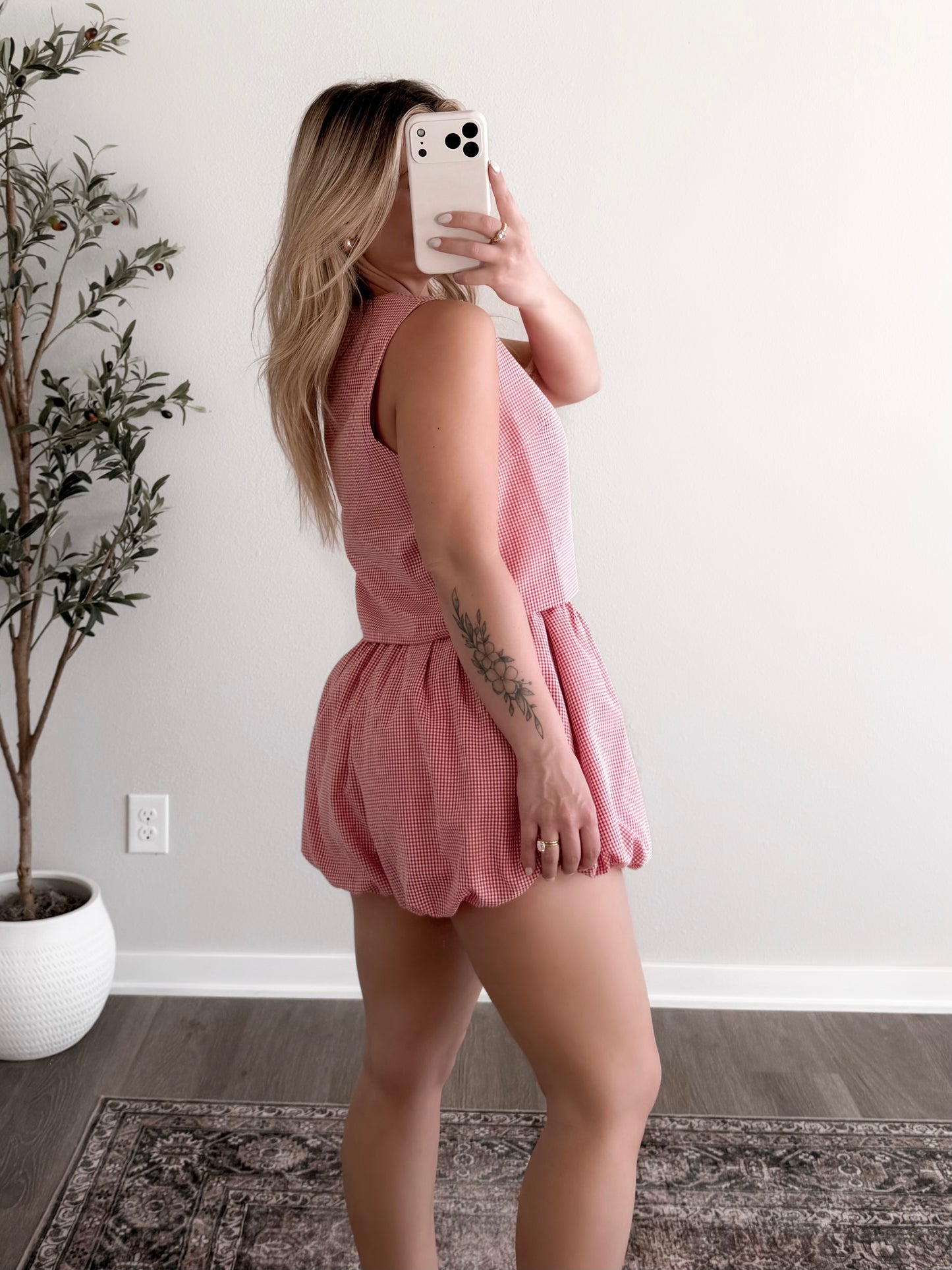 Cherry Basket Gingham Short Set / Red