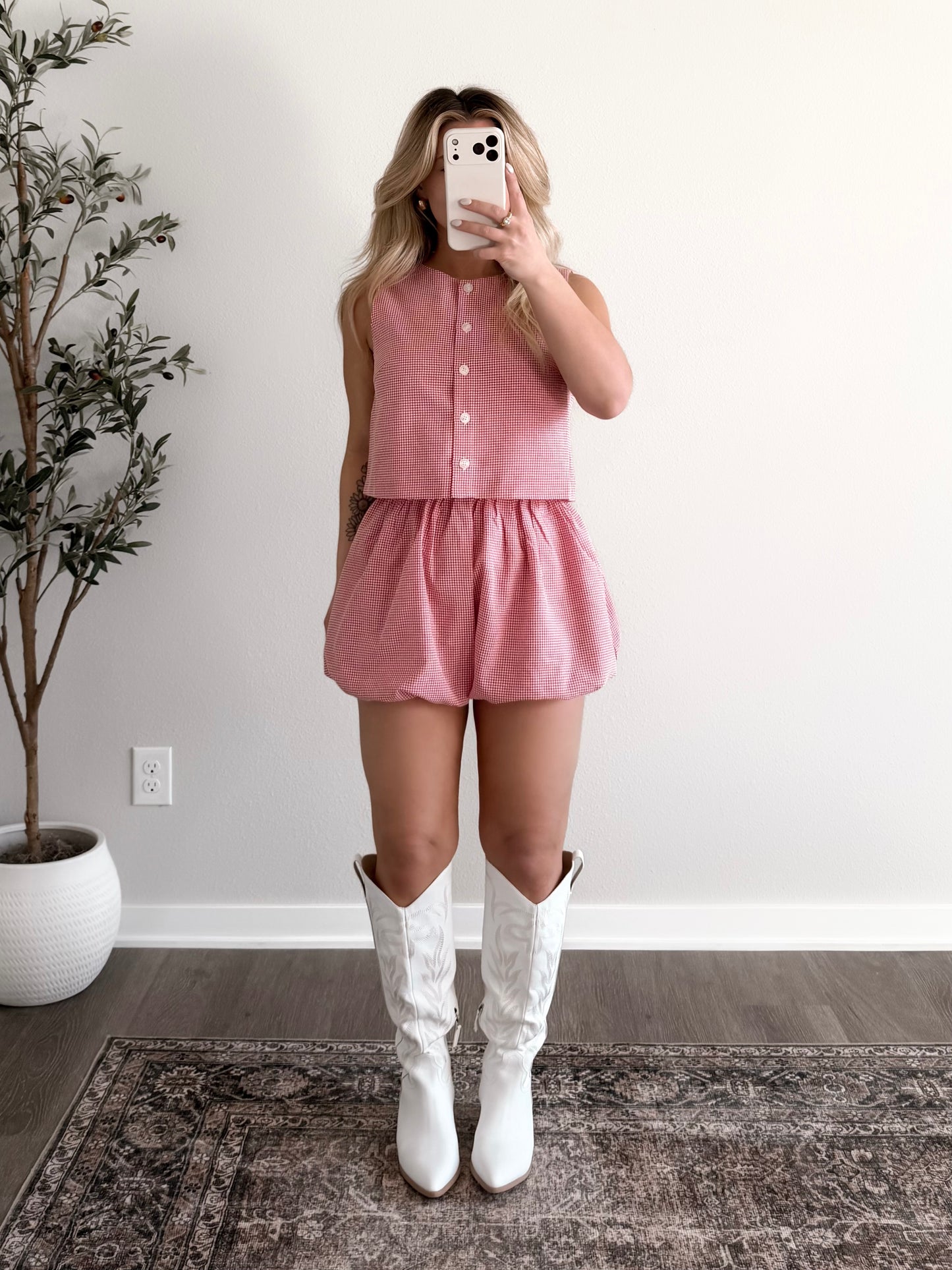 Cherry Basket Gingham Short Set / Red