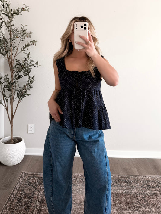 Dotty Afternoon Tie Front Top / Navy