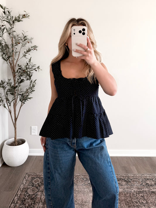 Dotty Afternoon Tie Front Top / Navy