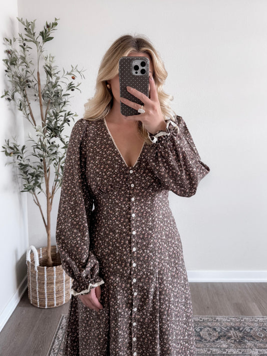 Heritage Vintage Floral Midi Dress / Chestnut Brown