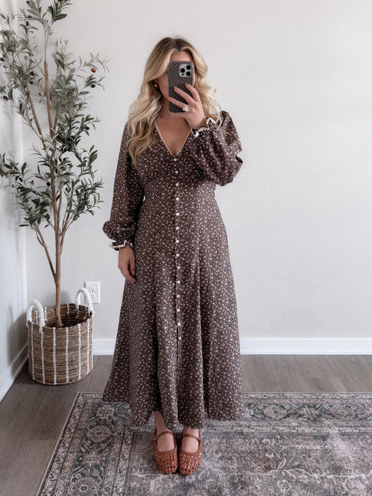 Heritage Vintage Floral Midi Dress / Chestnut Brown