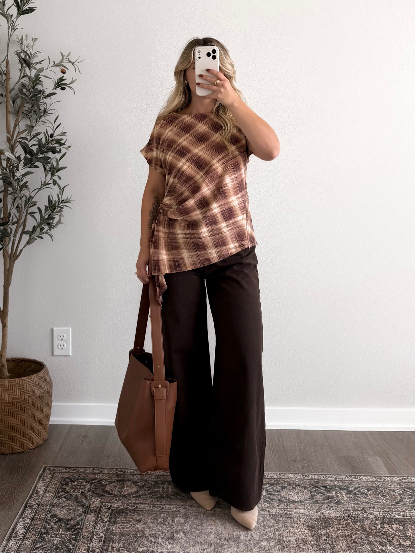 Copper Plaid Asymmetrical Top