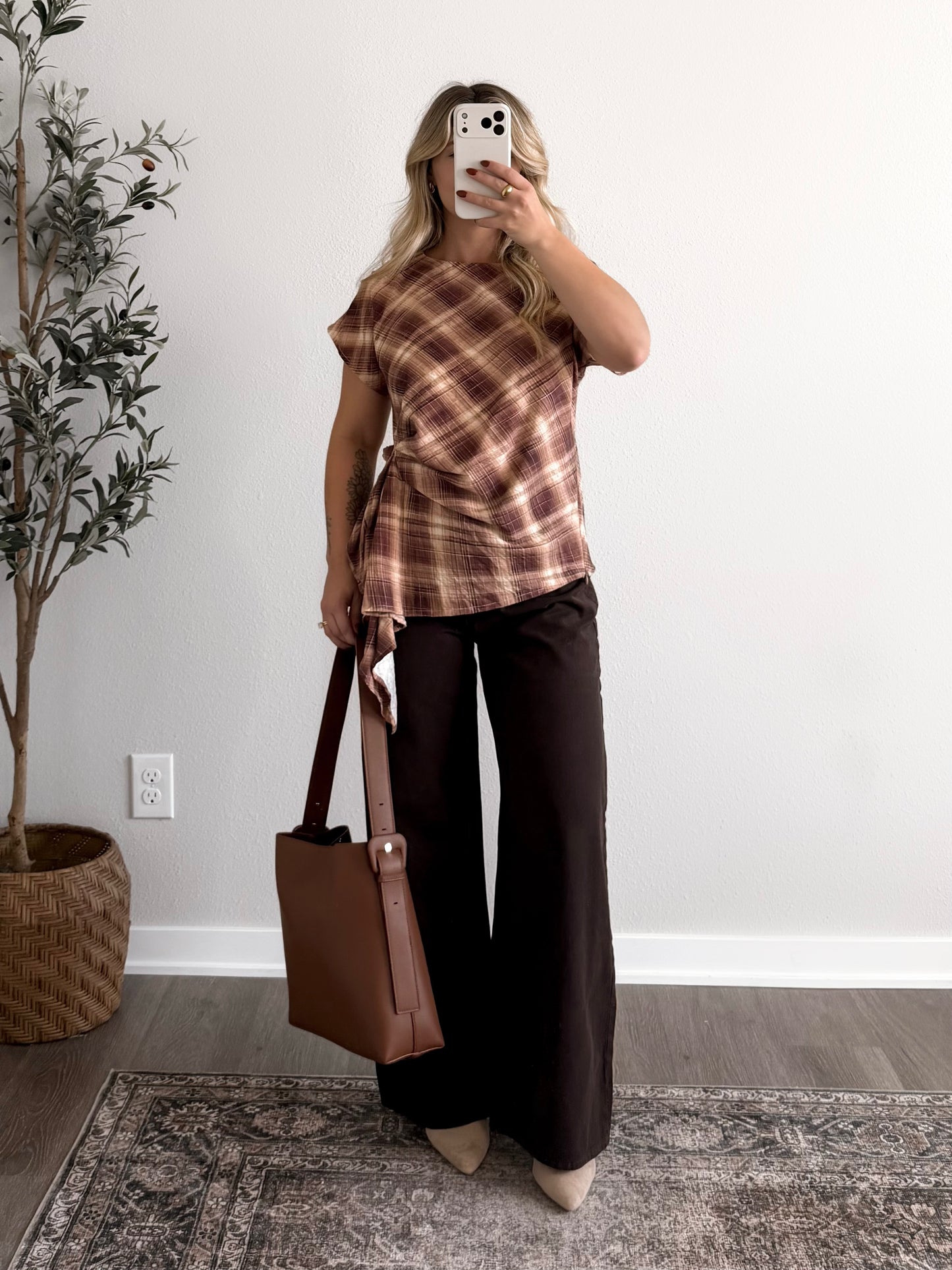 Copper Plaid Asymmetrical Top