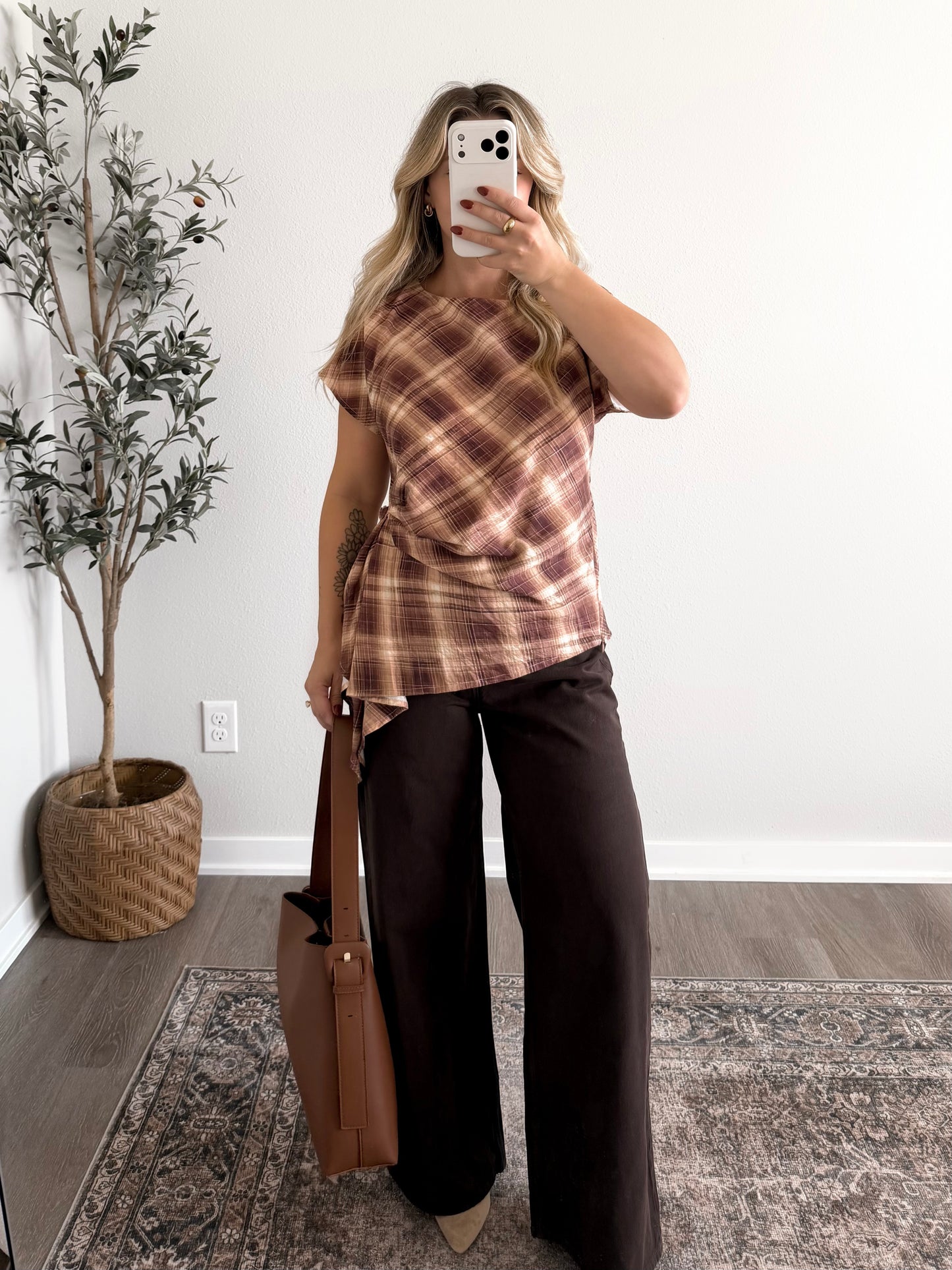 Copper Plaid Asymmetrical Top