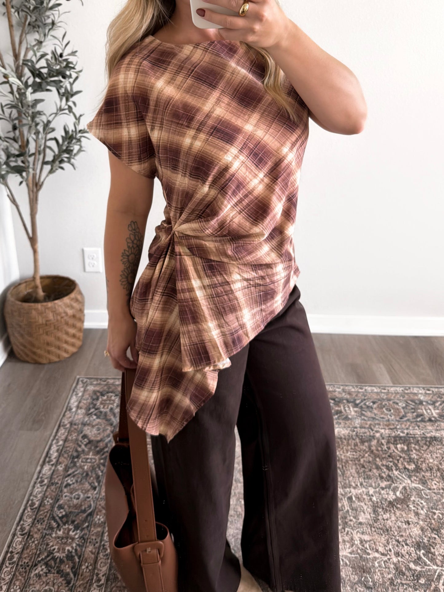 Copper Plaid Asymmetrical Top