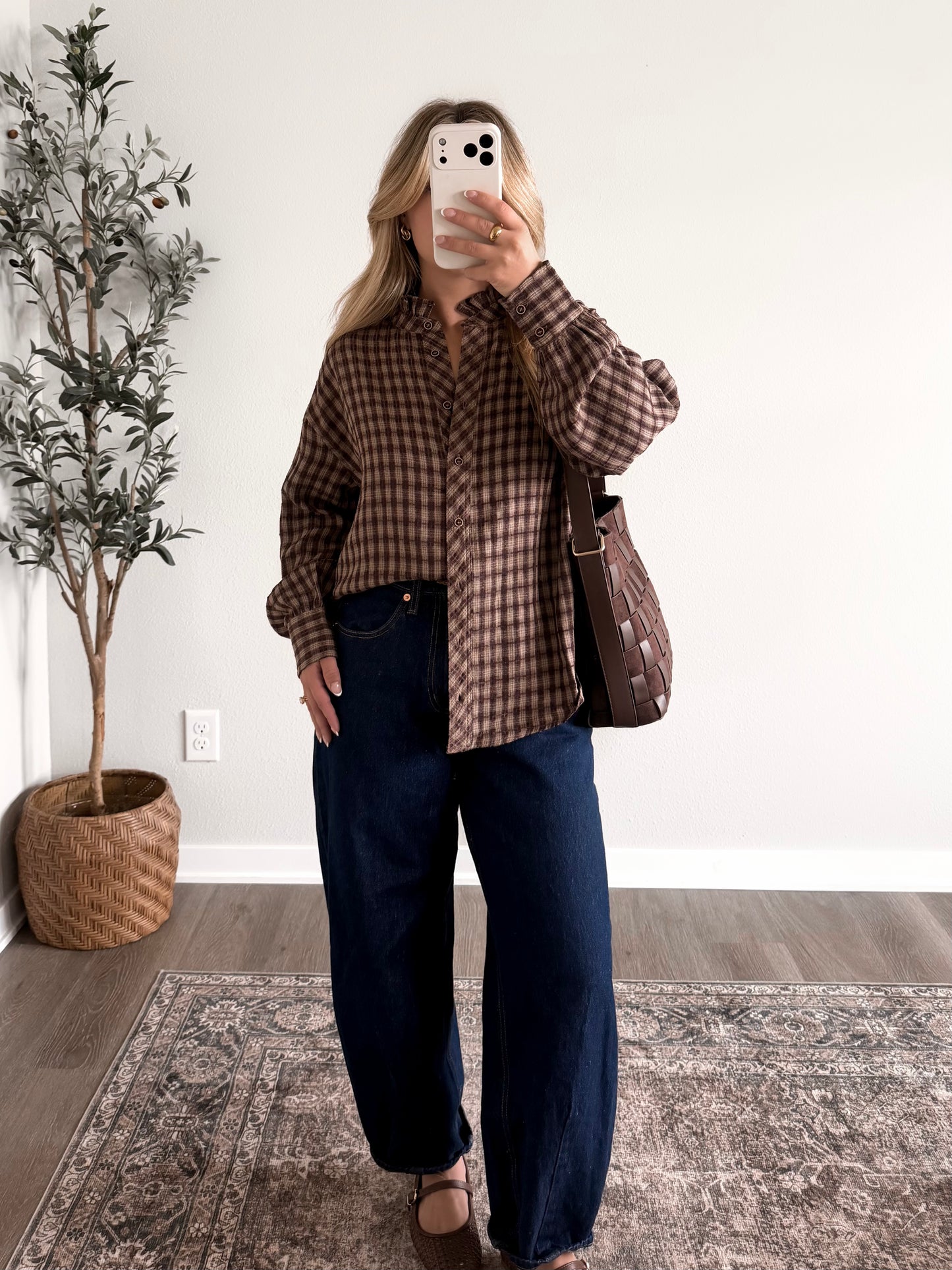 Truffle Plaid Button Down Top