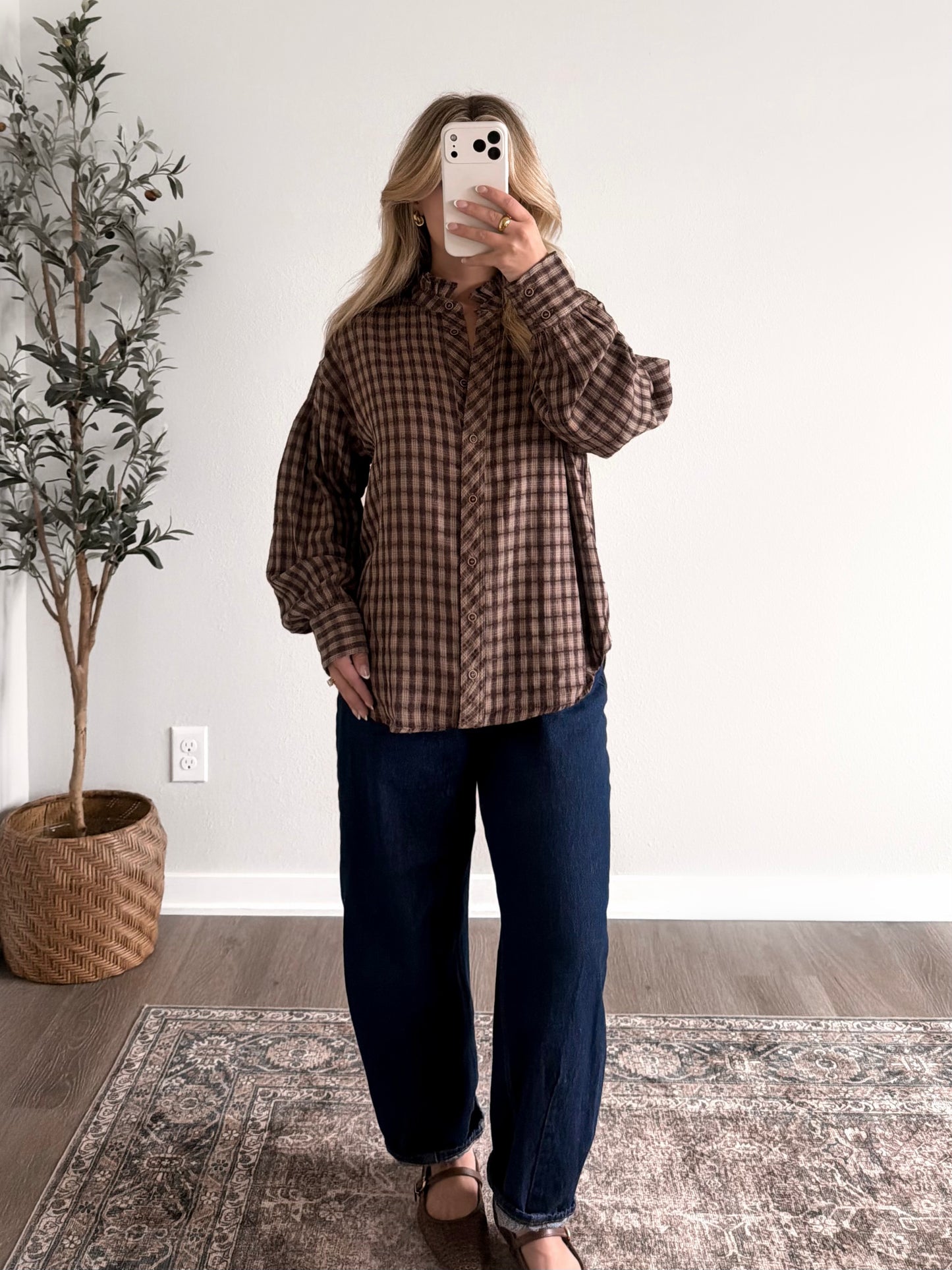 Truffle Plaid Button Down Top