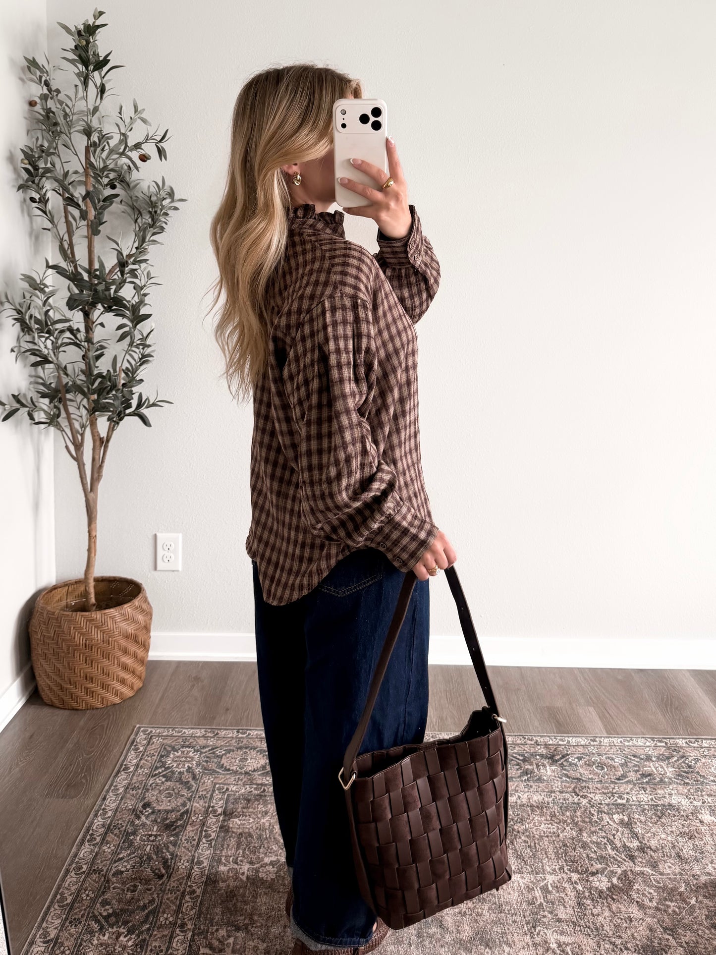 Truffle Plaid Button Down Top