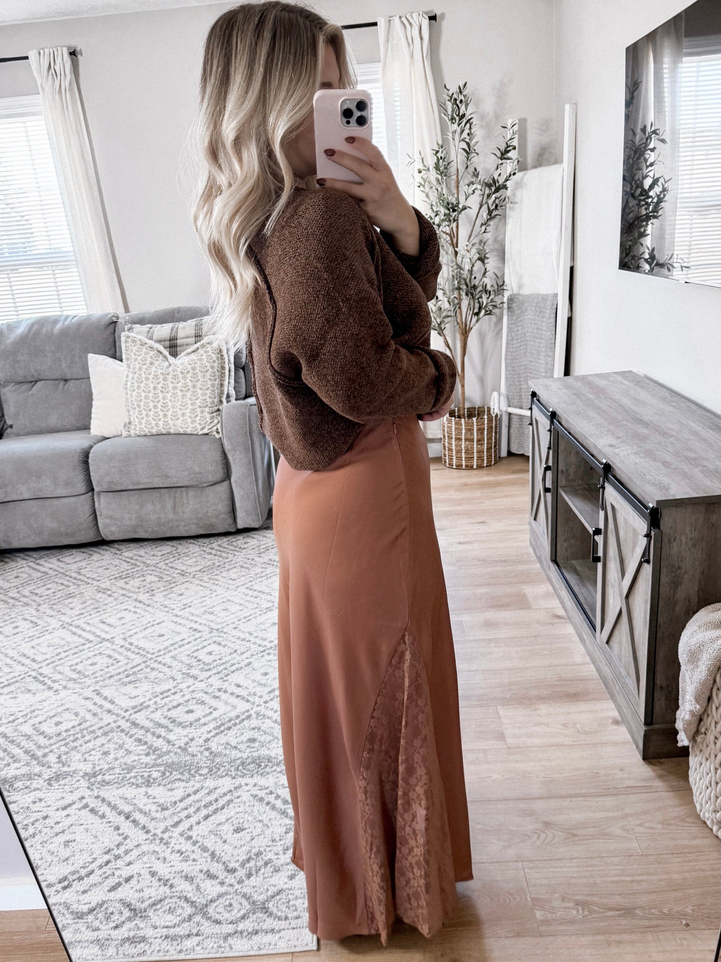 Chic Satin Lace Maxi Skirt / Clay