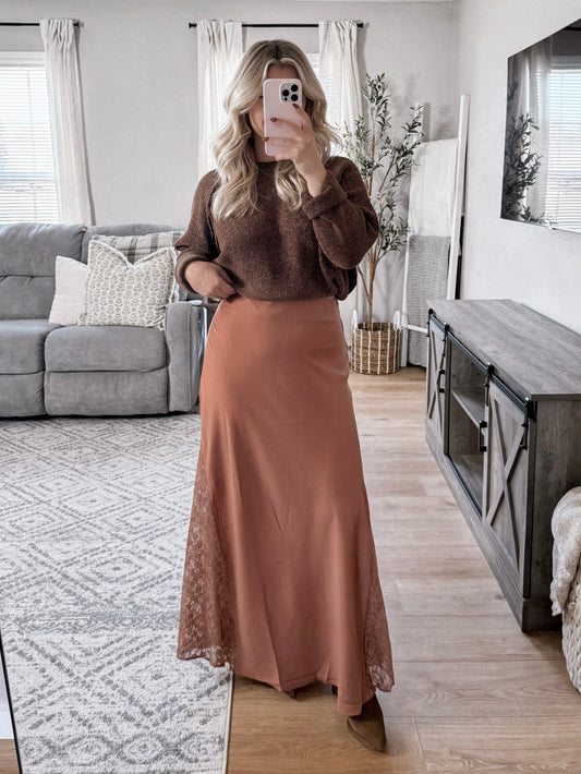 Chic Satin Lace Maxi Skirt / Clay