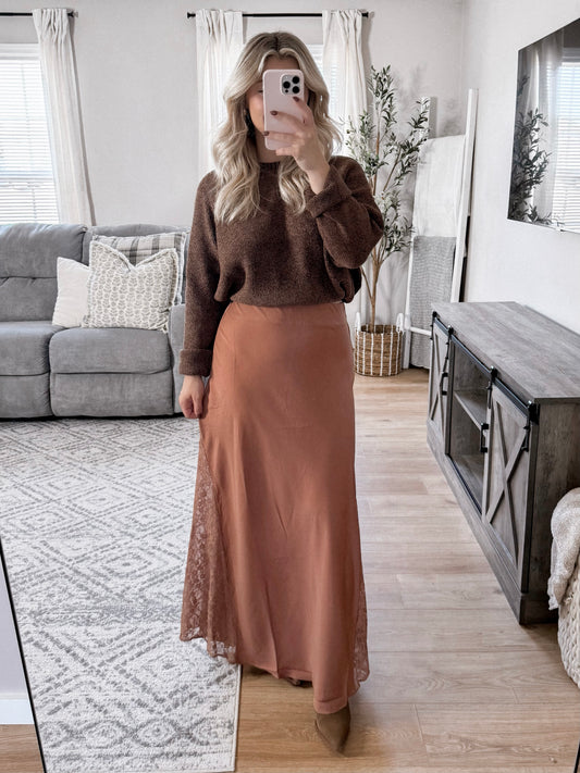 Chic Satin Lace Maxi Skirt / Clay