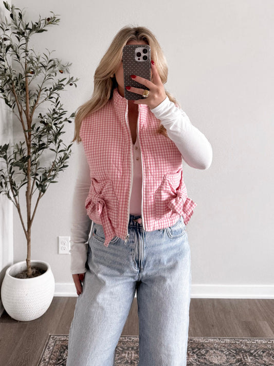 Pink Gingham Puffer Vest