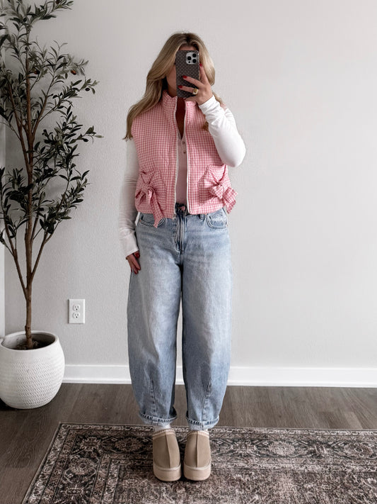 Pink Gingham Puffer Vest