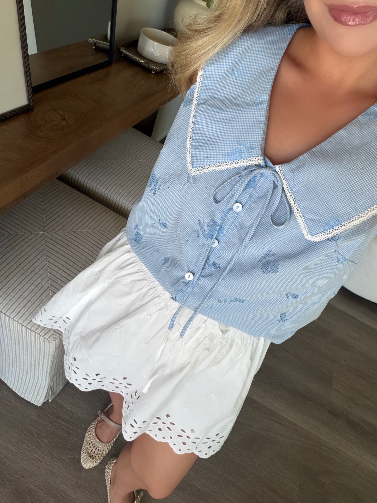 Powder Blue Embroidered Grid Top