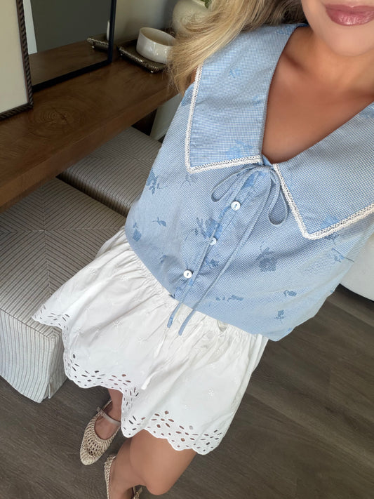 Powder Blue Embroidered Grid Top