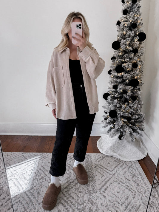 Cozy Ribbed Button Down / Beige