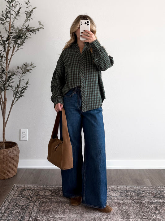 Truffle Plaid Button Down Top / Jade