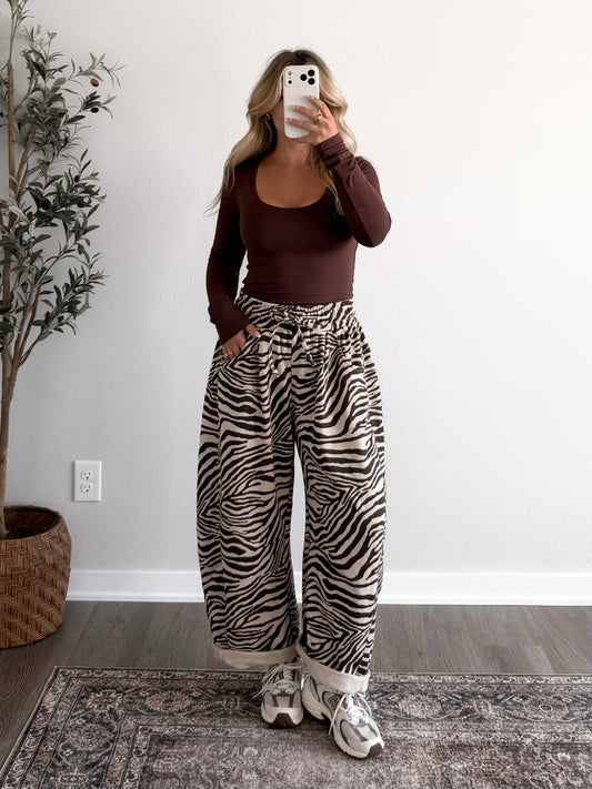 Zebra On Repeat Lounge Barrel Pant (Restocking Early Oct)