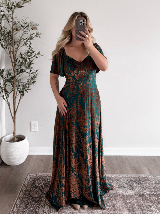 Gilded Ember Velvet Maxi Dress
