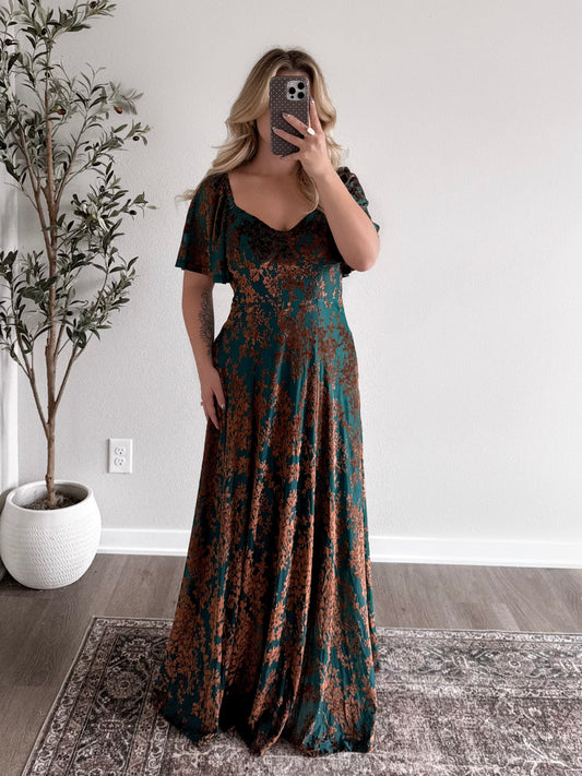 Gilded Ember Velvet Maxi Dress