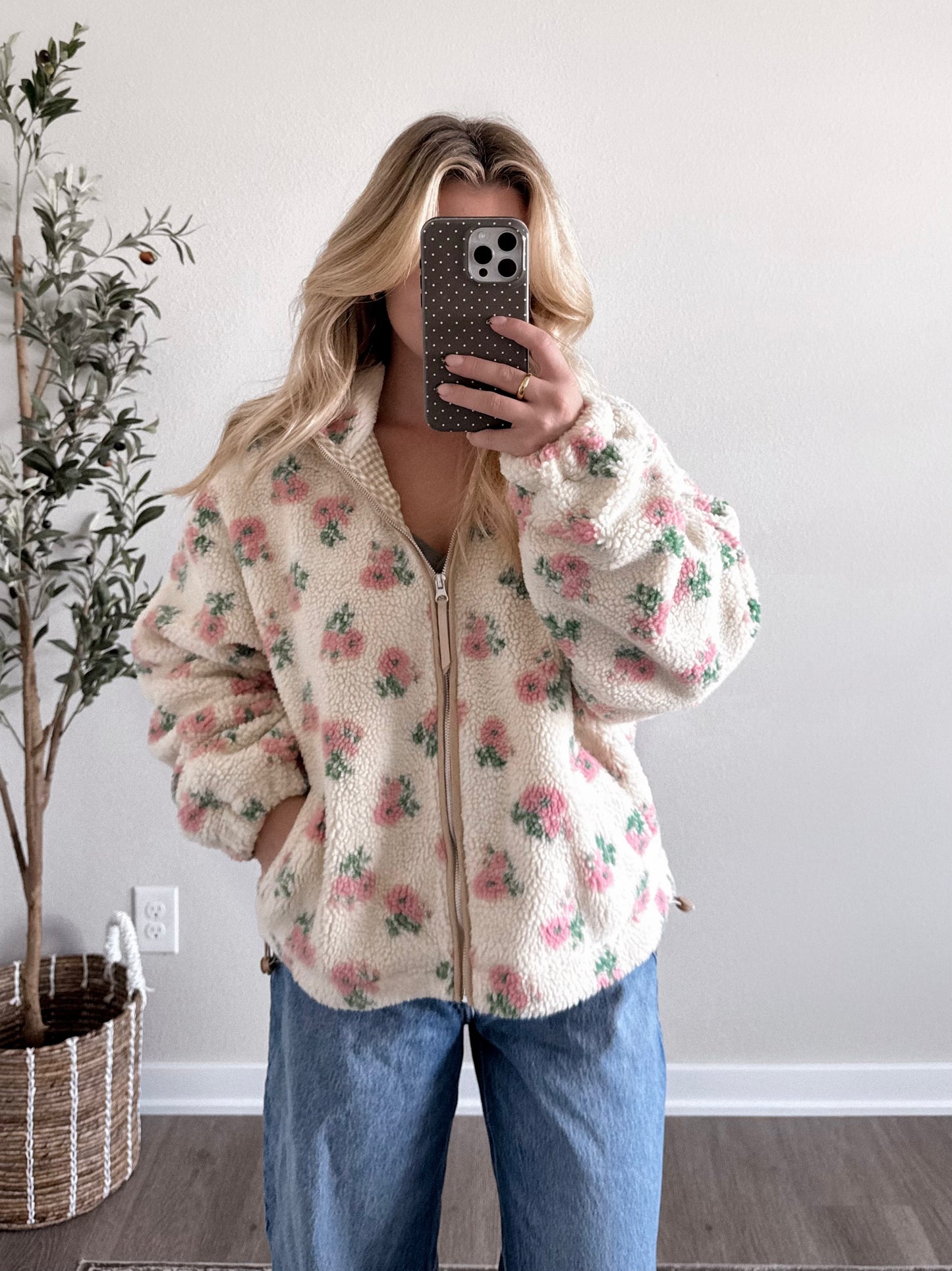 Honey Bear Floral Sherpa Jacket / Blush Cream
