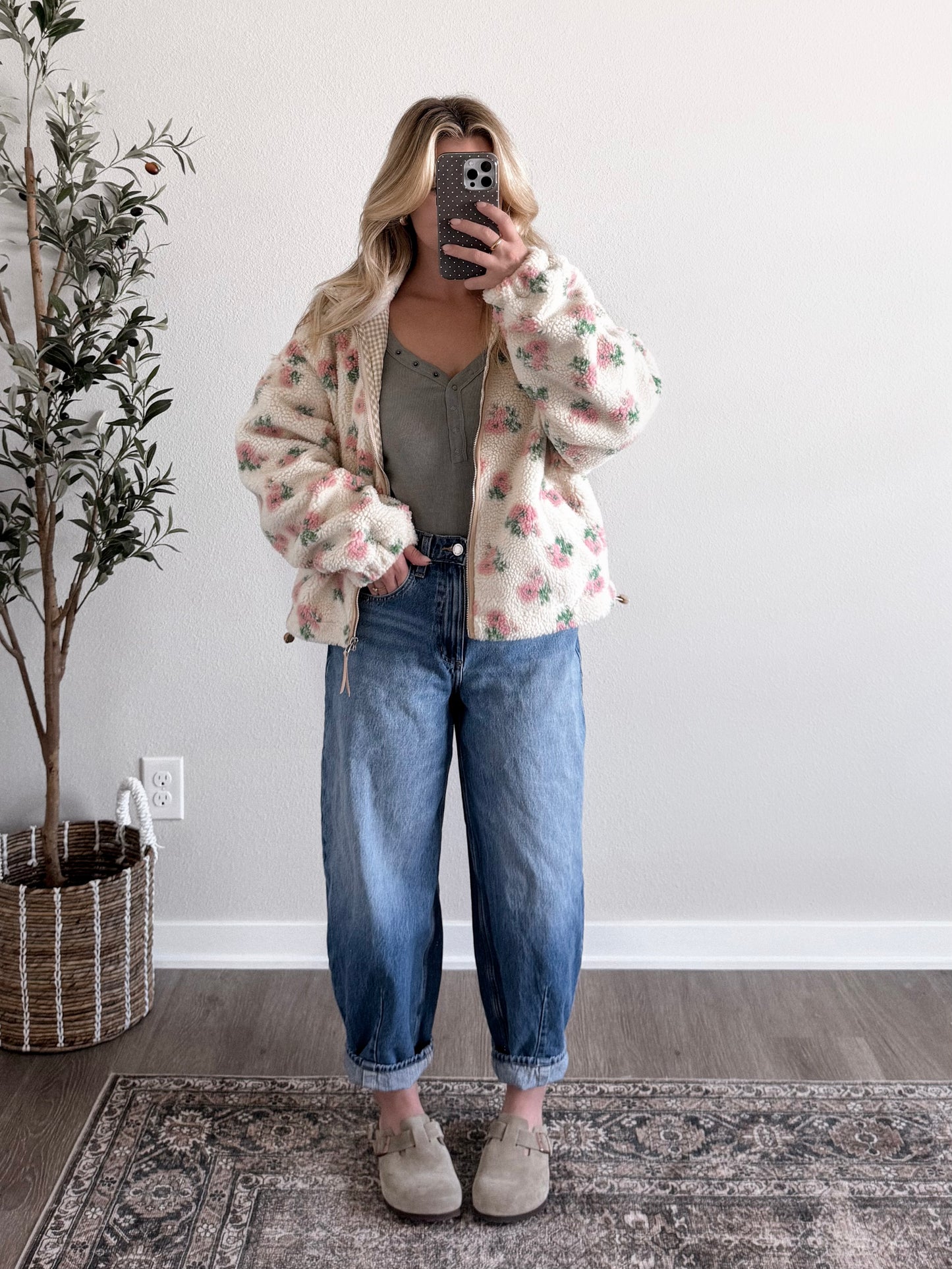 Honey Bear Floral Sherpa Jacket / Blush Cream
