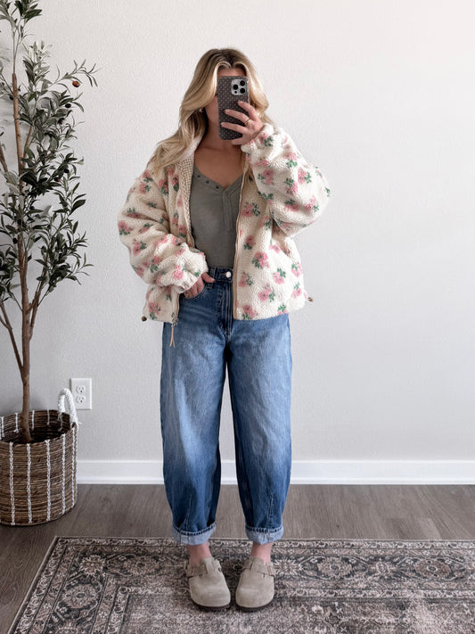 Honey Bear Floral Sherpa Jacket / Blush Cream