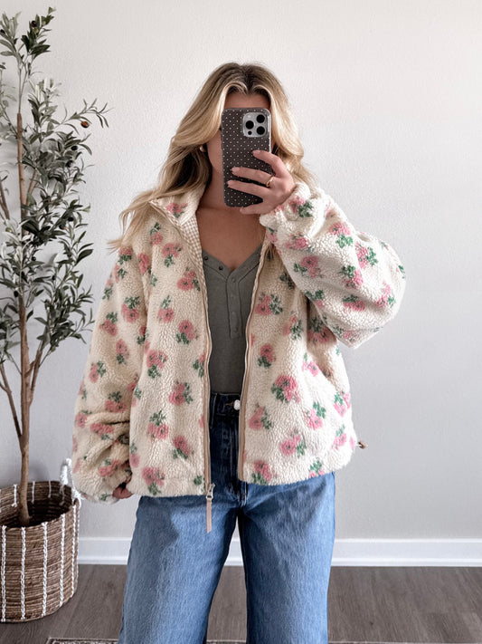 Honey Bear Floral Sherpa Jacket / Blush Cream