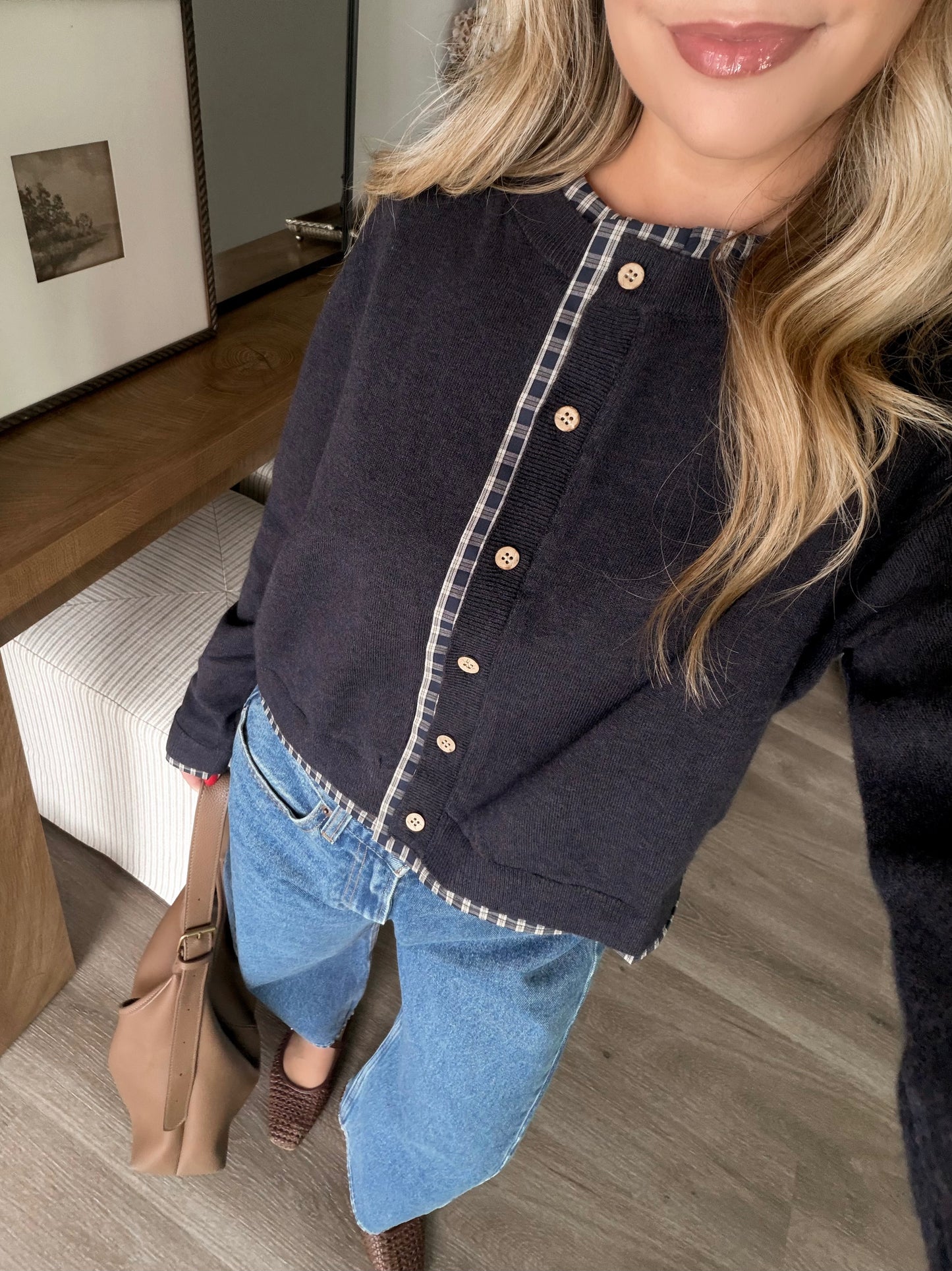 Gingham Thread Button Cardigan (Restocking Mid October)
