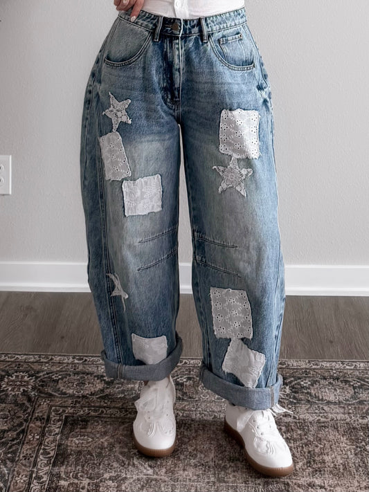 Indie Patchwork Barrel Jeans