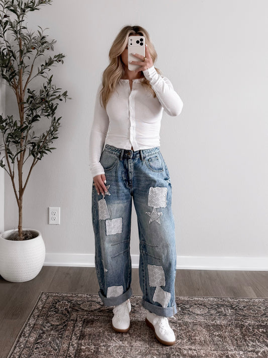 Indie Patchwork Barrel Jeans