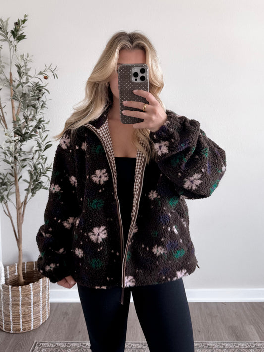 Honey Bear Floral Sherpa Jacket / Espresso