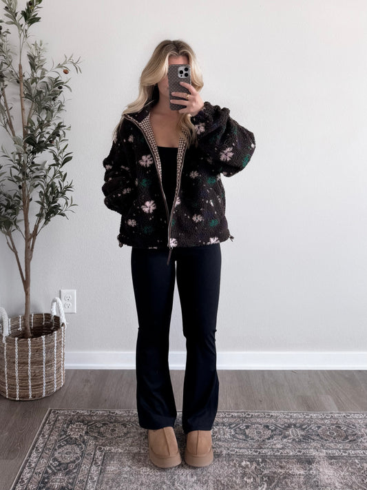 Honey Bear Floral Sherpa Jacket / Espresso