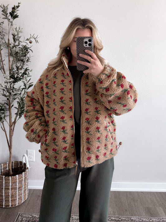 Honey Bear Floral Sherpa Jacket / Teddy Rose (PREORDER - EST SHIP  10.7)