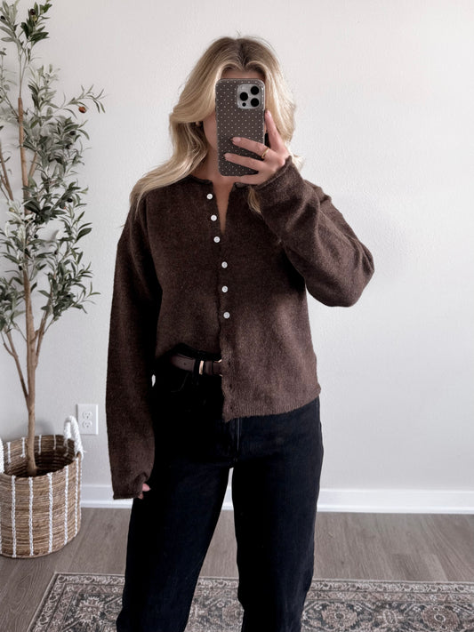 Augie Knit Button Cardigan / Walnut (Restocking End Of October)