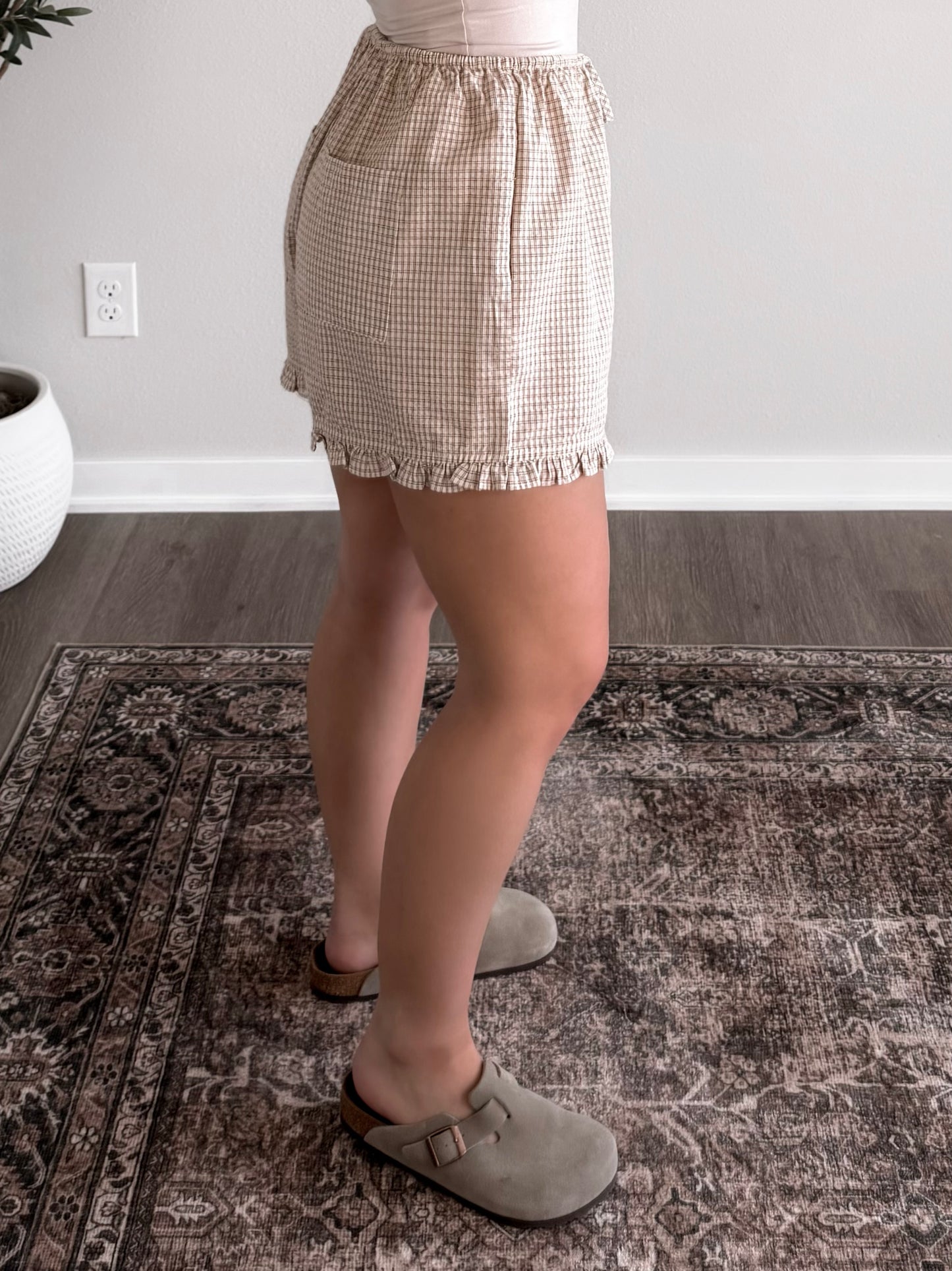 Daytime Grid Print Ruffle Shorts